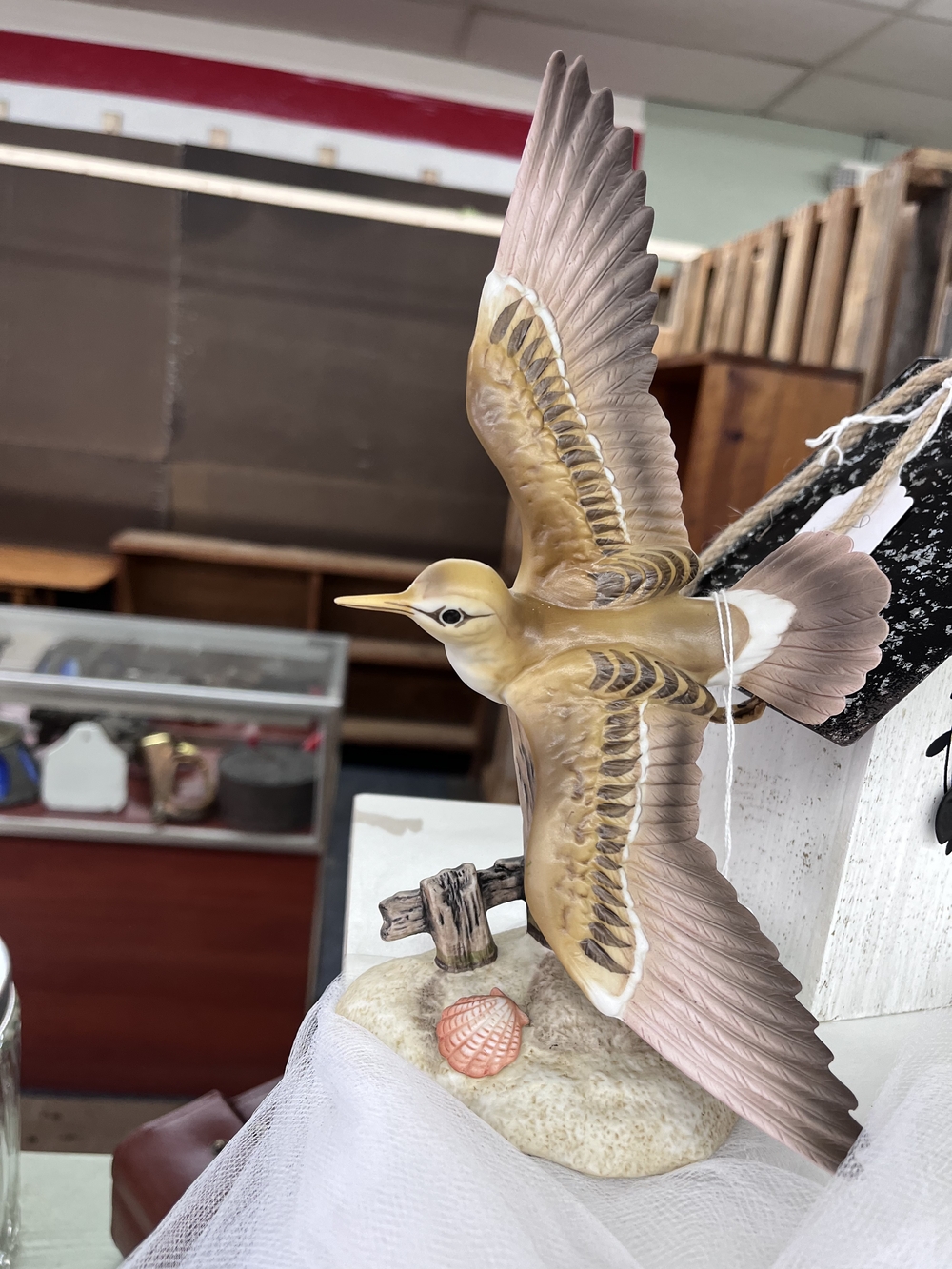 Hand-Painted Ceramic Flying Sea Bird Figurine in Tan and Pink